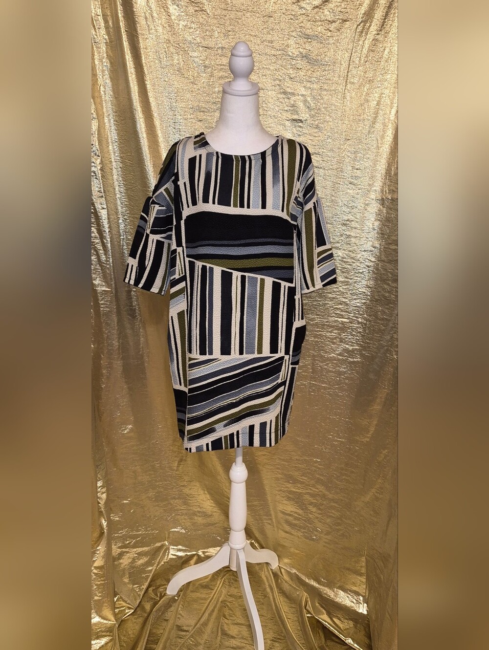 Striped Boxy Shift Dress in Black, Blue, Cream & Olive